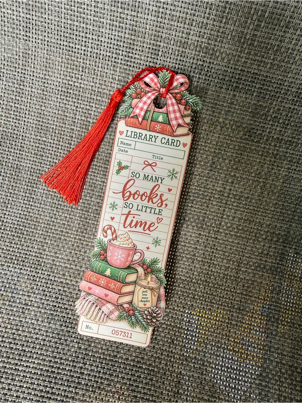So Many Books Holiday Library Card Bookmarks Set of 3 - Colored Tassels